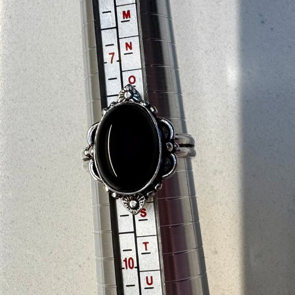 Black Oval Cabochon Silver Tone Statement Ring Size 8.5 Boho Southwestern - Picture 2 of 8